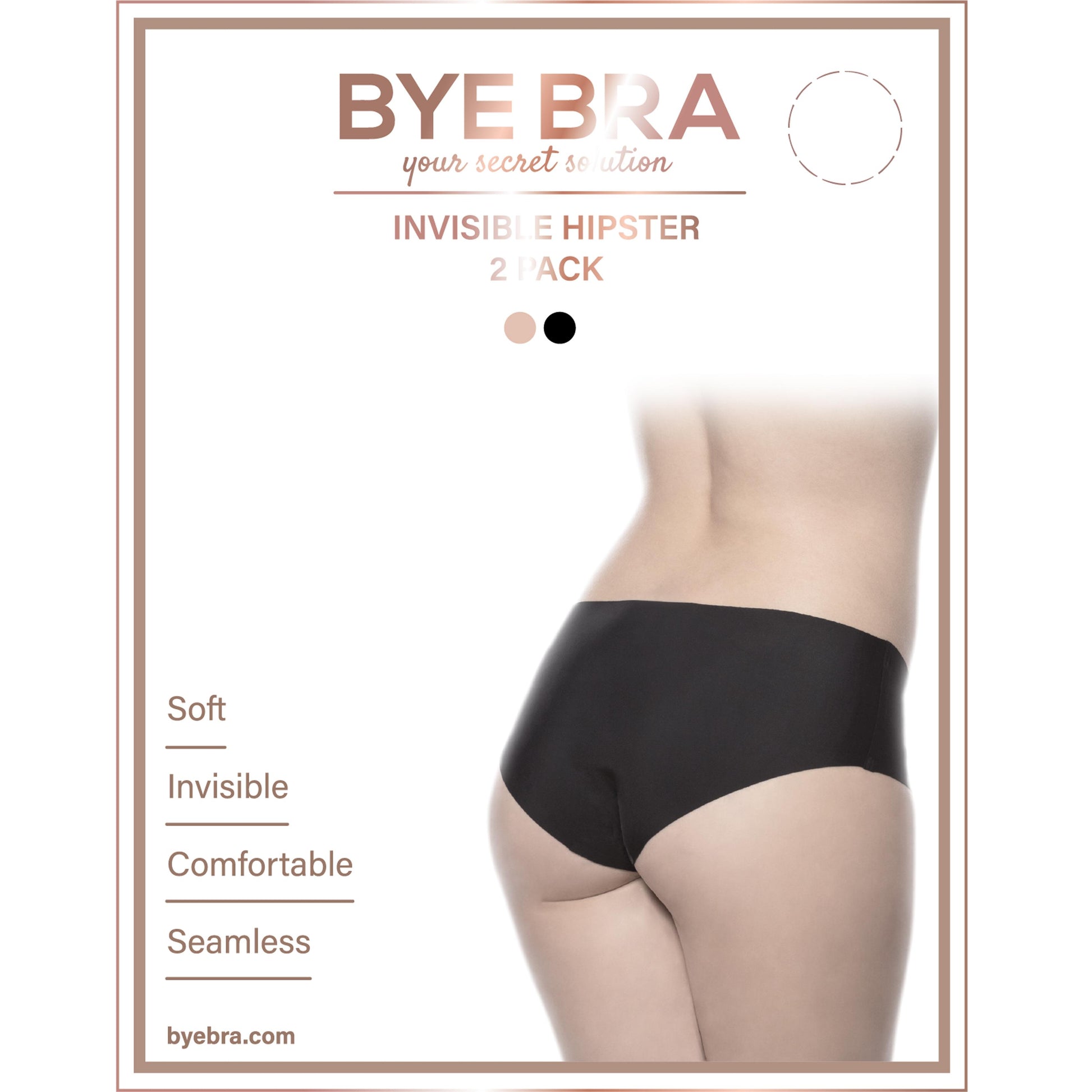 Bye Bra - invisible hipster nude + black 2-pack l